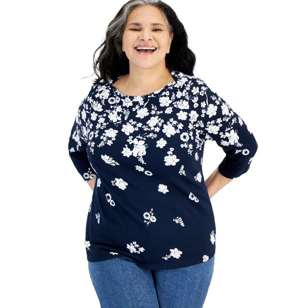 Plus Size Printed Pima Cotton 3/4-Sleeve Top